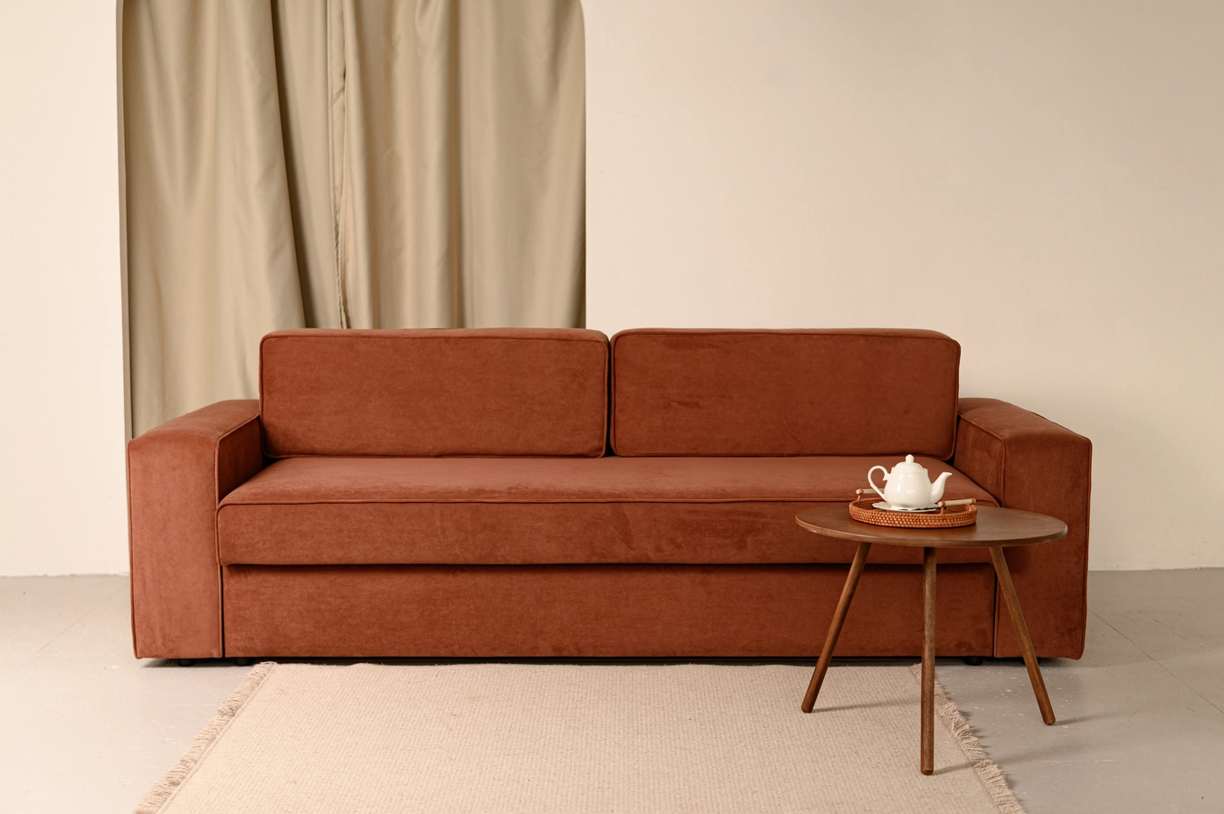 Двухместный диван кирпичного цвета в гостиной
